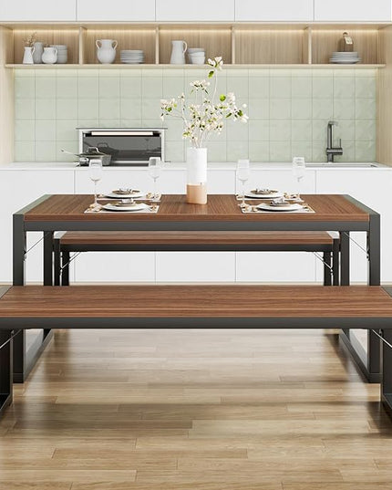 SHA CERLIN 3-Piece Dining Table Set with 2 Benches, Rustic Kitchen Table Set for 4-6, Space-Saving Dinette, Sturdy Structure, Easy Assemble, Walnut/Black - LeafyLoom
