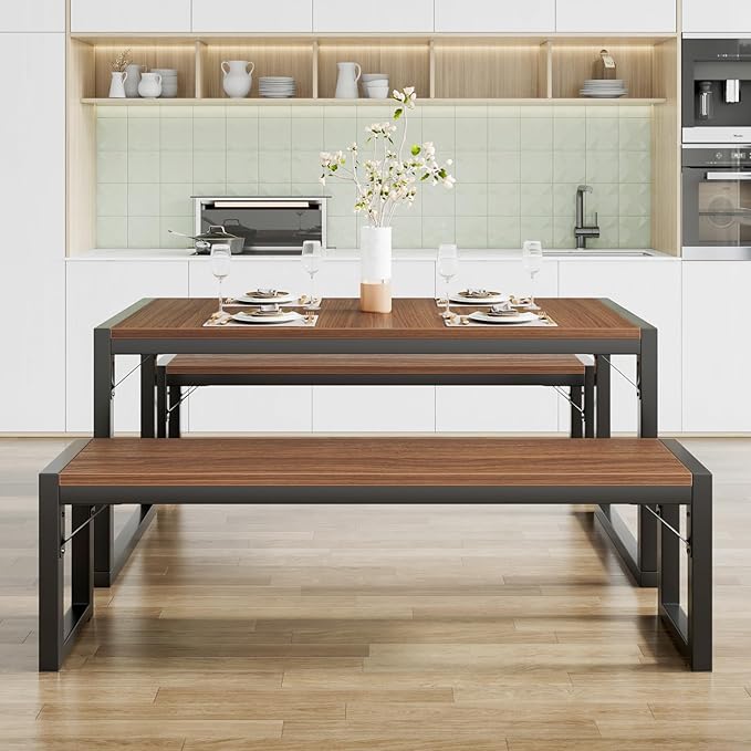 SHA CERLIN 3-Piece Dining Table Set with 2 Benches, Rustic Kitchen Table Set for 4-6, Space-Saving Dinette, Sturdy Structure, Easy Assemble, Walnut/Black - LeafyLoom