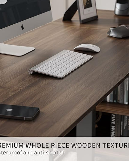 FEZIBO 66 Inch Executive L Shaped Standing Desk with 2-Drawer File Cabinet, Electric Height Adjustable Stand up Desk, Home Office Modern Wood Computer Desk with Shelves, Black Frame/Dark Walnut Top - LeafyLoom