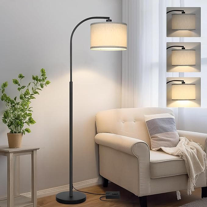 Boncoo Modern Floor Lamp for Living Room, Arc Floor Lamp with Adjustable Hanging Shade, Black Arched Light with Dimmable Pedal Switch for Bedroom Study Room Office, 9W 3000K LED Bulb Included - LeafyLoom