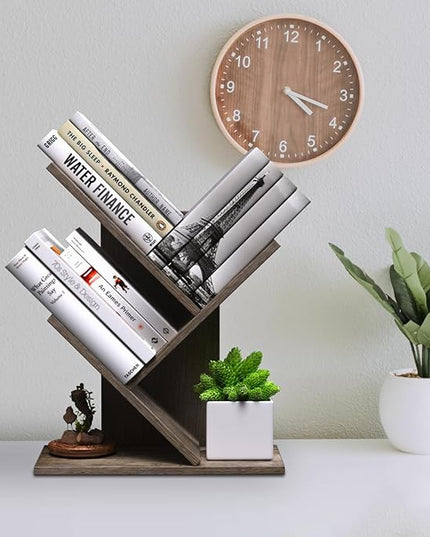 3 Tier Small Tree Bookshelf Storage Organizer Shelves Floor Standing Bookcase Desk Wood Storage Rack for Home Office Living Room Bedroom Display for Book Magazine CD manga Oak Grey - LeafyLoom