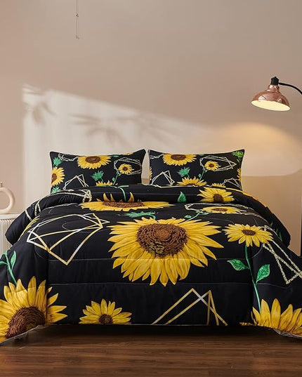 Sunflower Comforter Sets,Seamless Pattern with Golden Polygonal Shapes and Sunflowers in Watercolor Style,Decorative Bedding Comforter Sets with 2 Pillow Shams, Twin Size - LeafyLoom
