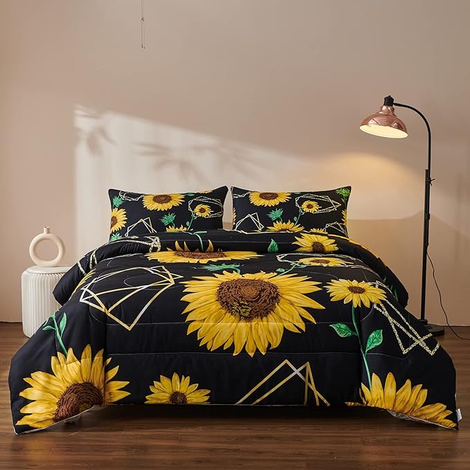 Sunflower Comforter Sets,Seamless Pattern with Golden Polygonal Shapes and Sunflowers in Watercolor Style,Decorative Bedding Comforter Sets with 2 Pillow Shams, Twin Size - LeafyLoom