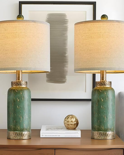 20.25" Table Lamps Set of 2 Small Table Lamp for Bedroom Living Room Green Lamp Farmhouse Lamp Vintage Rustic Boho Bedside Lamps Mid Century Side Table Nightstand Lamp Home Office Retro Deco - LeafyLoom