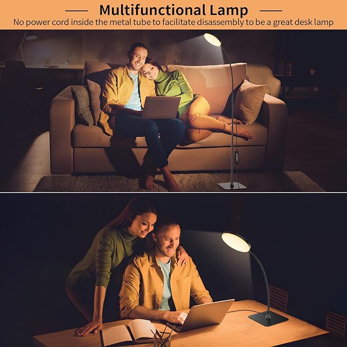 Floor Lamp with Remote, [1H Timer] Lightweight LED Reading Lamp Floor Standing, 3 Color and 10 Brightness Dimmable Gooseneck Light for Woking Studying Sewing Drawing Crafting Drafting Makeup - LeafyLoom
