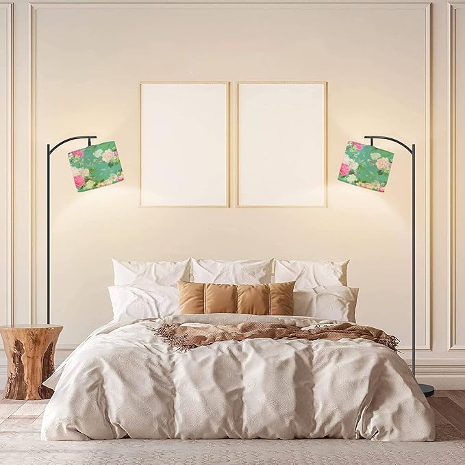 Modern Arc Floor Lamp with Dimmer Mid Century Beautiful Seamless Spring Roses Peony Orchid Succulents Metal Standing Lamp with Linen Shade Footswitch for Living Room Bedroom Office - LeafyLoom