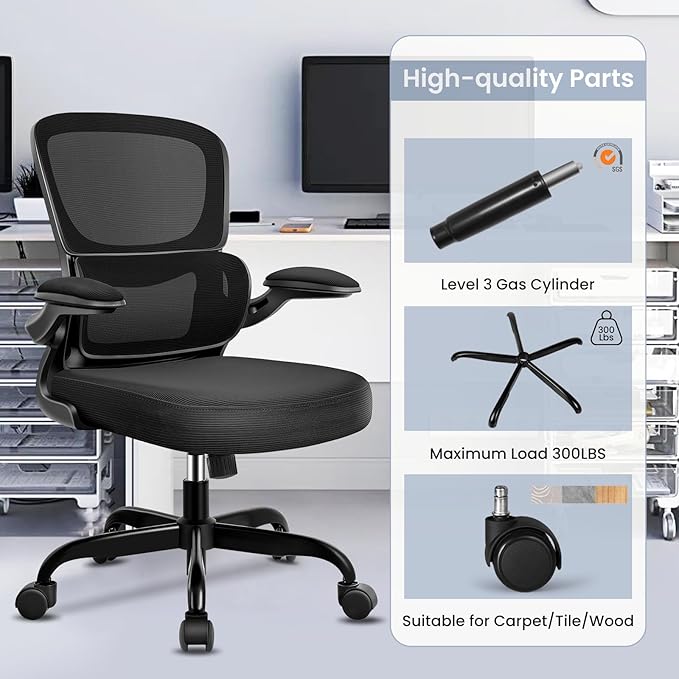 Office Chair, Ergonomic Desk Chair with Lumbar Support and Adjustable Armrests, Comfy Desk Chair Breathable Mesh Mid Back Computer Chair, Reclining Office Chair for Home Office - Black - LeafyLoom