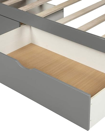 Multifunction Twin Over Full Bunk Bed with Storage Staircase/Two Drawers/Slide/High Guardrail, Solid Wood Bunkbed Furniture for Kids/Teens Bedroom, No Box Spring Needed, Gray - LeafyLoom