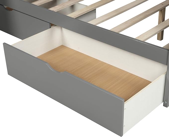Multifunction Twin Over Full Bunk Bed with Storage Staircase/Two Drawers/Slide/High Guardrail, Solid Wood Bunkbed Furniture for Kids/Teens Bedroom, No Box Spring Needed, Gray - LeafyLoom