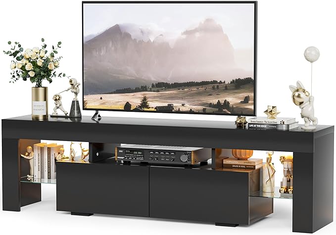 YESHOMY Modern LED TV Stand for Televisions up to 70 Inch with Glass Shelves and Drawer, Gaming Entertainment Center with Multiple Dynamic RGB Modes, for Livingroom, Bedroom, 60 Inch, Black - LeafyLoom