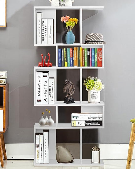 Giantex 5-Tier Geometric Bookshelf White Set of 2, 70'' Tall Wood Freestanding Decorative Display Open Shelves with Anti-Tipping Device, Each Shelf Holds up to 44 lbs, Wooden S Shaped Bookcase - LeafyLoom