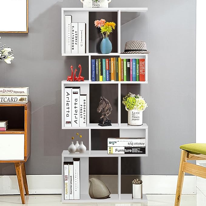 Giantex 5-Tier Geometric Bookshelf White Set of 2, 70'' Tall Wood Freestanding Decorative Display Open Shelves with Anti-Tipping Device, Each Shelf Holds up to 44 lbs, Wooden S Shaped Bookcase - LeafyLoom