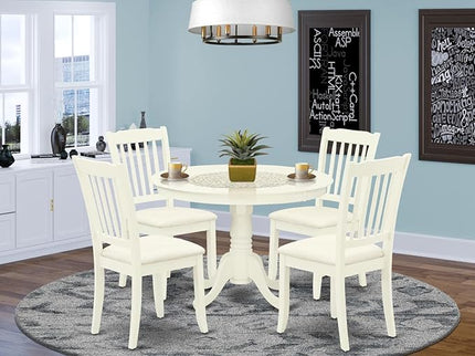 East West Furniture HLDA5-LWH-C 5 Piece Dining Room Table Set Includes a Round Kitchen Table with Pedestal and 4 Linen Fabric Upholstered Dining Chairs, 42x42 Inch, Linen White - LeafyLoom