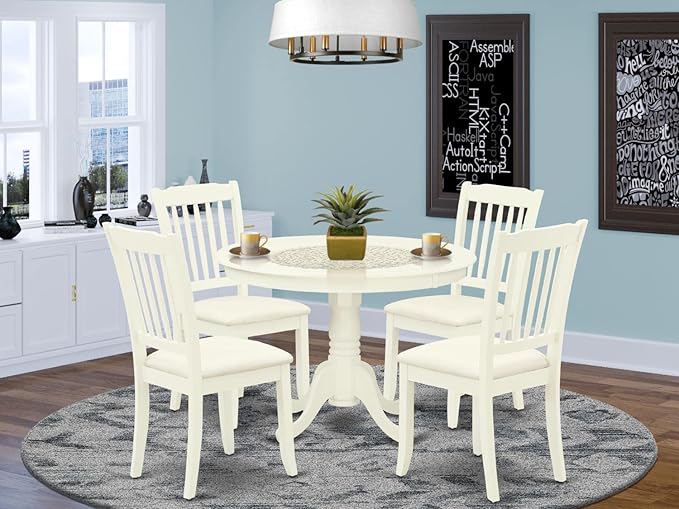 East West Furniture HLDA5-LWH-C 5 Piece Dining Room Table Set Includes a Round Kitchen Table with Pedestal and 4 Linen Fabric Upholstered Dining Chairs, 42x42 Inch, Linen White - LeafyLoom