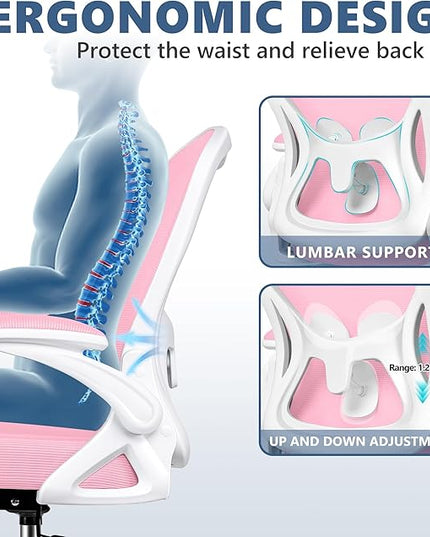 Office Chair Desk Chair, Ergonomic Mesh Computer Chair Home Office Desk Chairs, Swivel Task Chair Mid Back Breathable Rolling Chair with Adjustable Lumbar Support Flip Up Armrest (Pink) - LeafyLoom