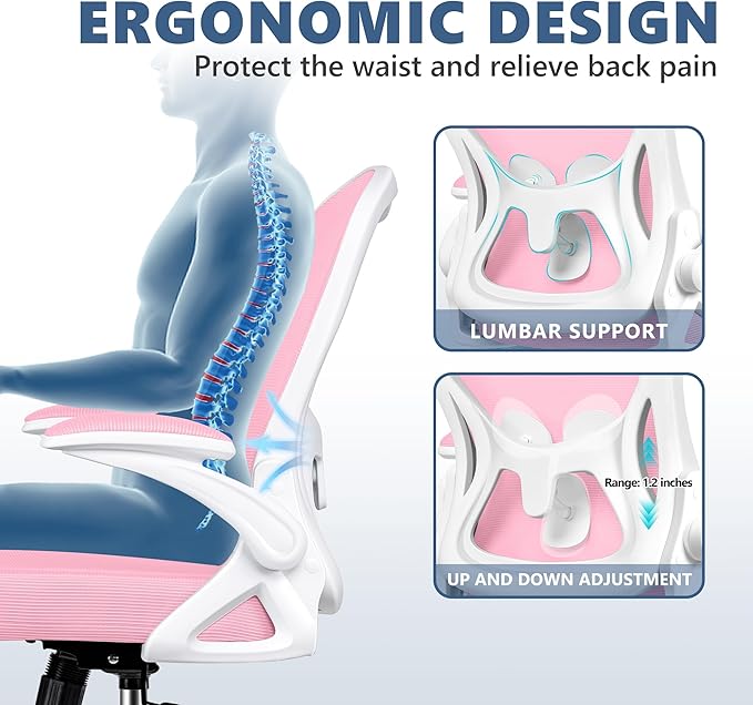 Office Chair Desk Chair, Ergonomic Mesh Computer Chair Home Office Desk Chairs, Swivel Task Chair Mid Back Breathable Rolling Chair with Adjustable Lumbar Support Flip Up Armrest (Pink) - LeafyLoom