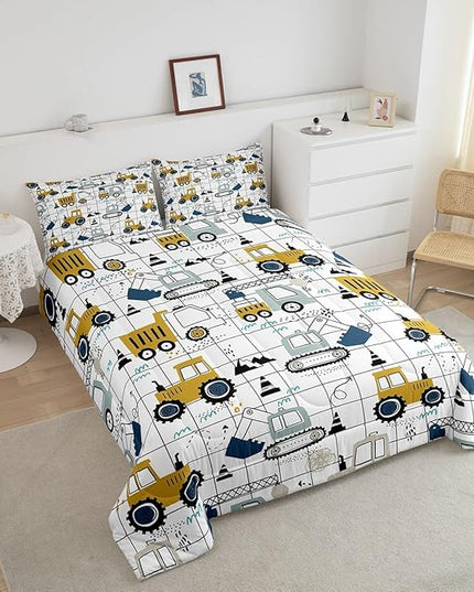 Construction Comforter Set Full Size Kids Excavator Tractor Toddler Comforter Cartoon Car Equipment Trucks Plaid Grid Comforter Set Construction Vehicles White Yellow Duvet Set - LeafyLoom