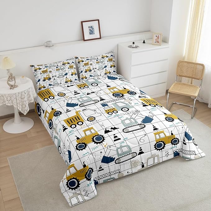 Construction Comforter Set Full Size Kids Excavator Tractor Toddler Comforter Cartoon Car Equipment Trucks Plaid Grid Comforter Set Construction Vehicles White Yellow Duvet Set - LeafyLoom