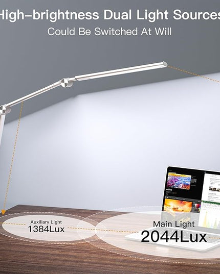 LED Desk Lamp, Desk Light for Home Office, Dual Light Source, Eye-Caring Optical Lens, 5 Color Modes & Brightness, 18W Brightest, Swing Arm Office Lamp, Clamp Lamp, Work Light, Task Light - LeafyLoom