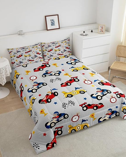 Feelyou Kids Cartoon Car Comforter Set Full Size Racing Car Bedding Set for Boys Girls Teen Kids Children Home Decor Racing Car Comforter Race Cars Quilt Bed Set Red Grey Bedding Set for All Season - LeafyLoom