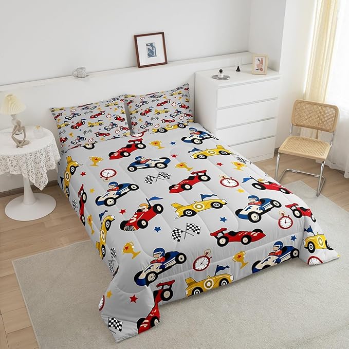 Feelyou Kids Cartoon Car Comforter Set Full Size Racing Car Bedding Set for Boys Girls Teen Kids Children Home Decor Racing Car Comforter Race Cars Quilt Bed Set Red Grey Bedding Set for All Season - LeafyLoom