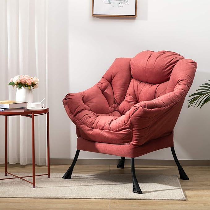 HollyHOME Fabric Large Lazy Chair, Accent Reading Chair, Cozy Lounge Chair with Armrest, Leisure Sofa Chair for Living Room, Bedroom, Dorm, Brick Red - LeafyLoom