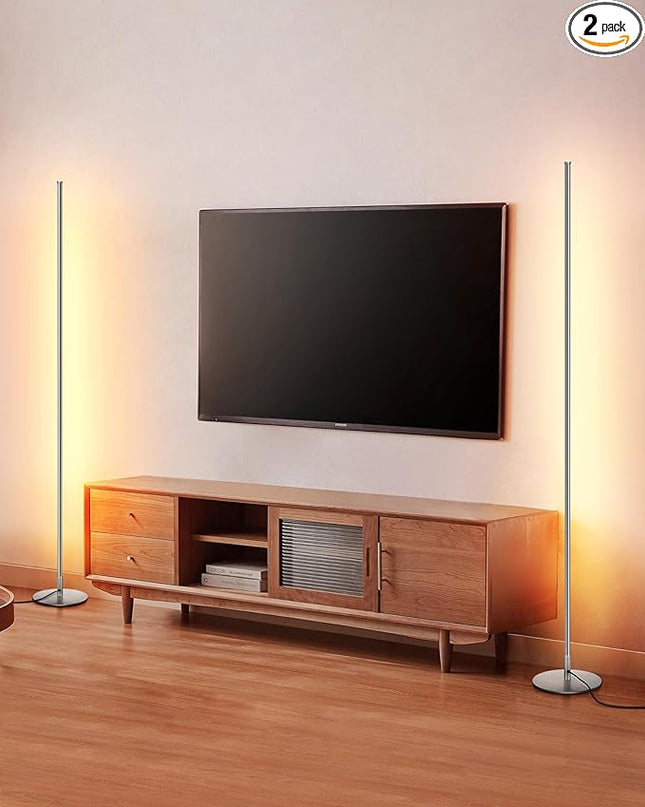 DEWENWILS Minimalist LED Corner Floor Lamp, Set of 2 Slim Dimmable Mood Light, 57.5" Standing Tall Lamp for Living Room, Bedroom, Office, 3000K Warm White Light (Silver) - LeafyLoom