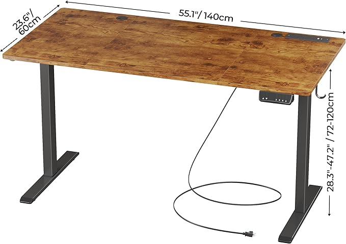 JOISCOPE Height Adjustable Electric Standing Desk with Power Outlets, 55 x 24 Inch Sit Stand Desk for Small Space Home Office, Vintage Oak - LeafyLoom