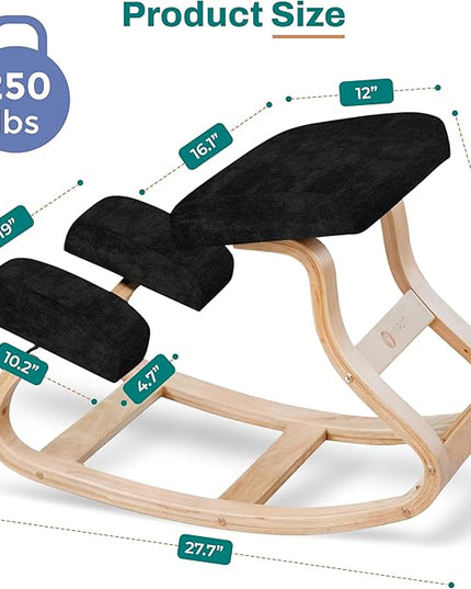 Ergonomic Kneeling Chair - A Rocking Ergo Knee Chair and Wooden Desk Chair designed for Home Office Study and Posture Chair Support, Reduce Neck and Back Pressure - Velvet Black - LeafyLoom