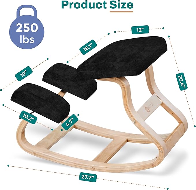 Ergonomic Kneeling Chair - A Rocking Ergo Knee Chair and Wooden Desk Chair designed for Home Office Study and Posture Chair Support, Reduce Neck and Back Pressure - Velvet Black - LeafyLoom