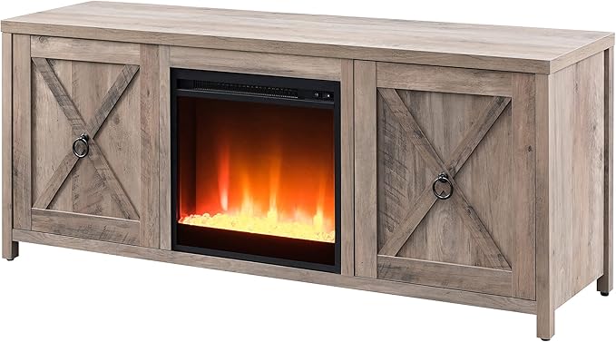 Henn&Hart Rectangular TV Stand with Crystal Fireplace for TV's up to 65" in Gray Oak, TV Stands for the Living Room - LeafyLoom