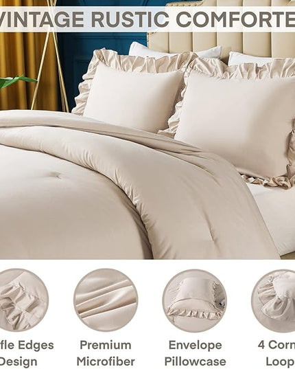 Andency Khaki Comforter King Size(104x90Inch), 3 Pieces Farmhouse Shabby Chic Bedding Comforters & Sets, All Season Soft Lightweight Down Alternative Bed Set for Men Women - LeafyLoom