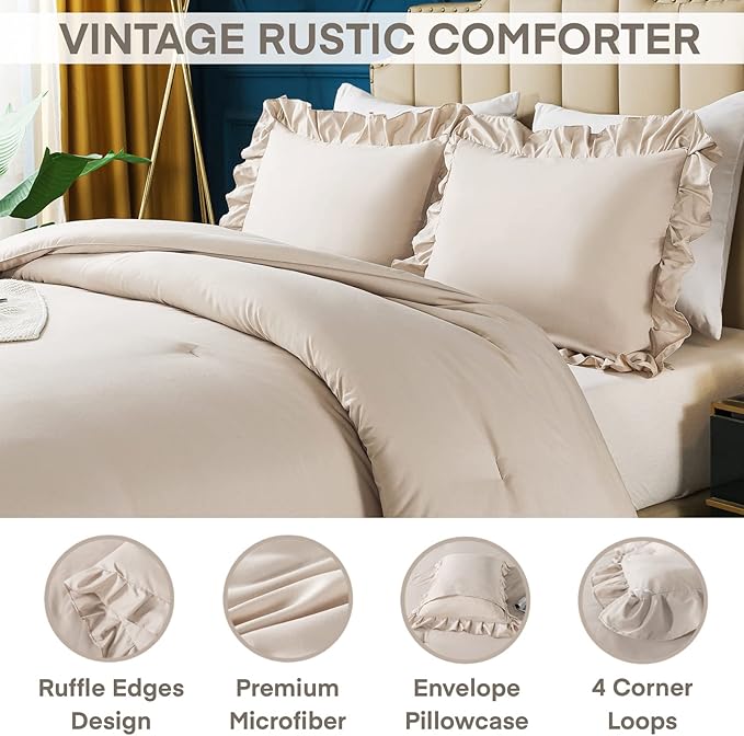 Andency Khaki Comforter King Size(104x90Inch), 3 Pieces Farmhouse Shabby Chic Bedding Comforters & Sets, All Season Soft Lightweight Down Alternative Bed Set for Men Women - LeafyLoom