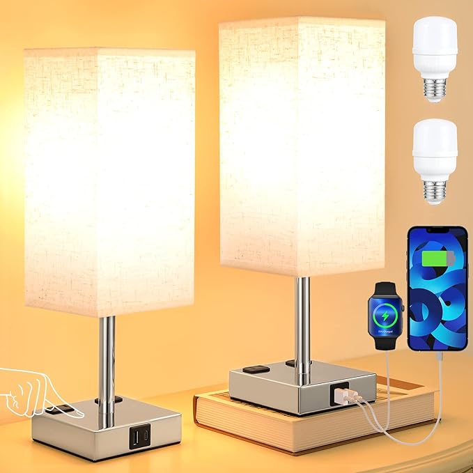 Off White Set of 2 Touch Lamp with USB Port-Nightstand Lamp with USB-C+A Charge Ports& AC Outlets, 3-Way Dimmable Bedside Lamp with Shade,Small Table Lamp for Bedroom Guest Room( Bulb Included) - LeafyLoom