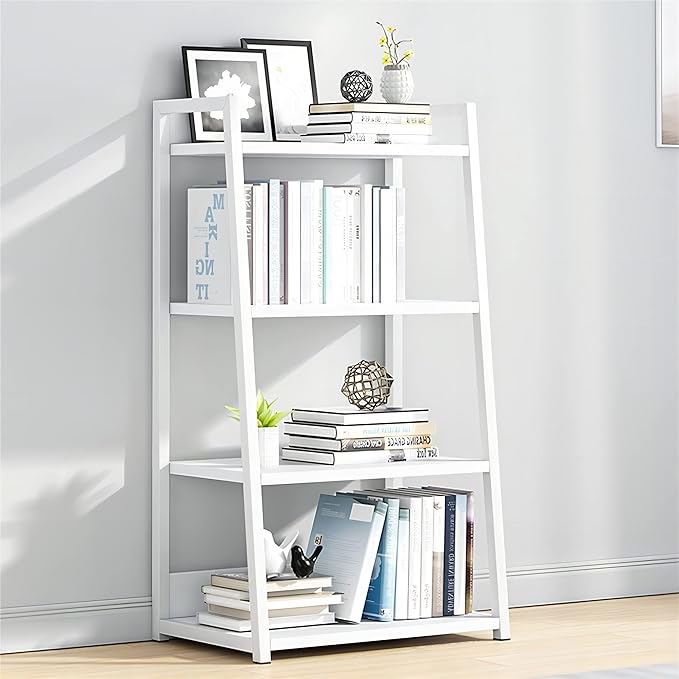 IOTXY 4 Tier Open Bookshelf - Steel and Wood Display Stand, 50CM Width Floor-Standing Bookcase, White - LeafyLoom