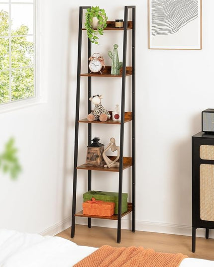 Yoobure Ladder Shelf, 5 Tier Tall Ladder Bookshelf Corner Shelf, Industrial Book Shelf Ladder Bookcase Narrow, Standing Storage Shelves Display Shelf for Bedroom Living Room Office Kitchen Bathroom - LeafyLoom