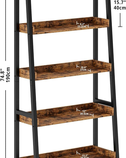 IRONCK Industrial Bookshelf 5-Tier 31.5in Wide, Bookcase Ladder Shelf, Storage Shelves Rack Shelf Unit, Accent Furniture Metal Frame, Home Office Furniture for Bathroom, Living Room - LeafyLoom