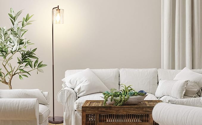 Brightech Elizabeth LED Floor lamp, Tall Lamp with Glass Shade & Edison Bulb, Industrial Lamp for Living Rooms & Offices, Vintage Standing Lamp for Bedroom in Farmhouse or Rustic Style - Bronze - LeafyLoom