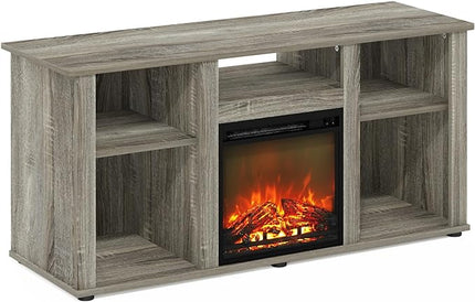 Furinno Jensen Fireplace TV Entertainment Center with Open Storage Compartment for TV up to 55 Inch, French Oak Grey - LeafyLoom