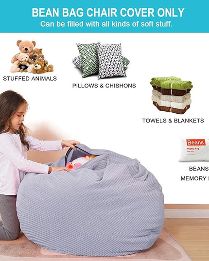 Stuffed Animal Storage Bean Bag Chair Cover for Kids, 38" Beanbag Chairs Cover Plush Toys Organizer Super Soft Corduroy with Handle and Zipper for Boys and Girls - Grey - LeafyLoom