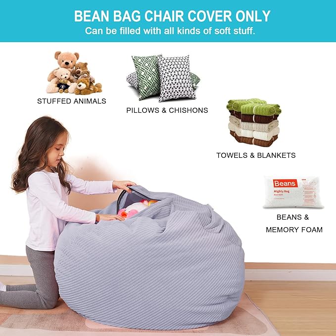 Stuffed Animal Storage Bean Bag Chair Cover for Kids, 38" Beanbag Chairs Cover Plush Toys Organizer Super Soft Corduroy with Handle and Zipper for Boys and Girls - Grey - LeafyLoom