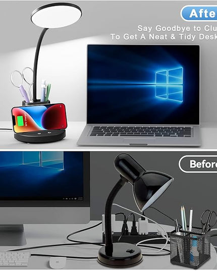 Sailstar Desk Lamp, Desk Lamps for Home Office with Wireless Charger & Pen Holder, 800 Lumens Gooseneck 3 Modes Dimmable Touch Circular LED Desk Light, Small Desk Lamp for College Dorm Room, Black - LeafyLoom