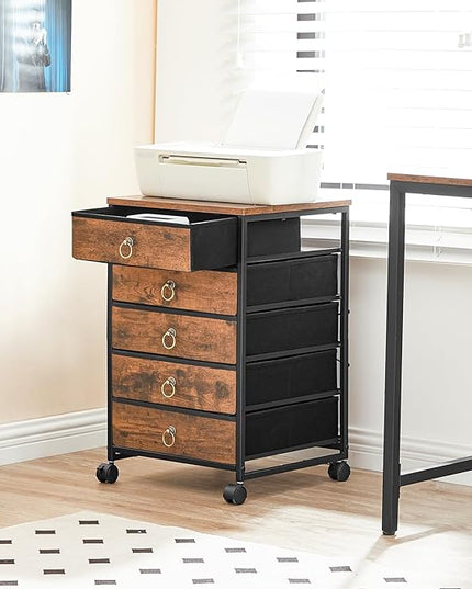 HOOBRO 5-Drawer Chest, File Cabinet, Office Cabinet with Drawers, Rolling Printer Stand, Filing Cabinet for Living Room, Home Office, Nonwovens Drawer, Easy Assembly, Rustic Brown BF50WJ01 - LeafyLoom