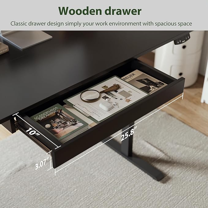 Adjustable Height Electric Standing Desk with Storage Wooden Drawer, 48 x 24 Inches Stand Up Home Office Computer Gaming Table with Splice Board for Work Office Home, Black - LeafyLoom