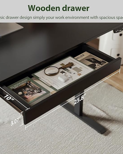 Adjustable Height Electric Standing Desk with Storage Wooden Drawer, 63 x 24 Inches Stand Up Home Office Computer Gaming Table with Splice Board for Work Office Home, Black - LeafyLoom