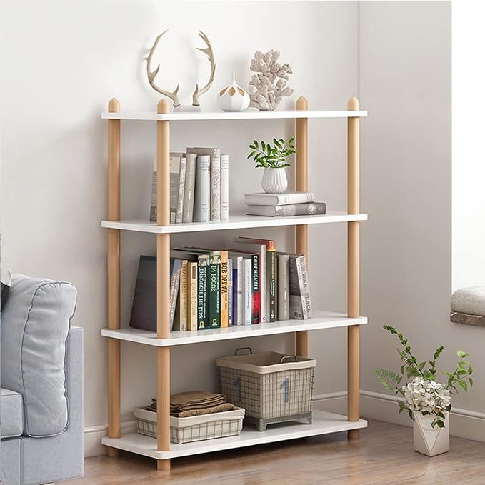 IOTXY 4-Tier Wooden Shelf Bookcase - Modern Open Bookshelf, Free Standing Storage Rack, Multifunctional Display Stand for Home and Office, White, Rectangle - LeafyLoom