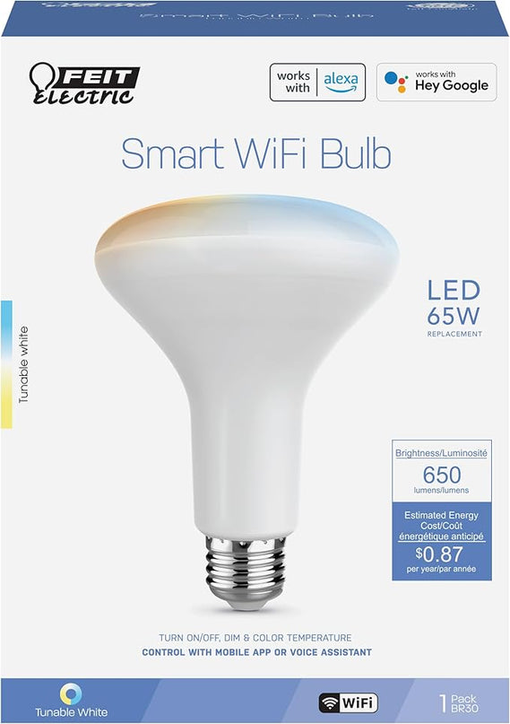 Feit Electric BR30 Smart LED Light Bulb, 60W Equivalent, Tunable White, Wi-Fi Enabled, Alexa & Google Home Compatible, E26 Base, 90+ CRI, Non-Dimmable, 800 Lumens, 25,000-Hour Lifetime, BR30/CCT/CA/AG FeitElectricCompany