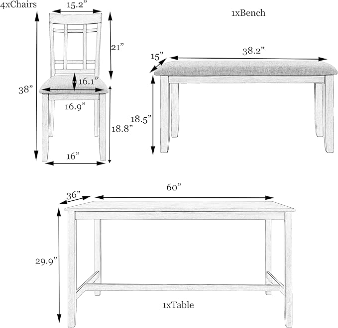 60 Inch Dining Table Set for 6, Kitchen Table set with 4 Upholstered Chairs and Bench, Dining Room Table Set for Living Room, Dining Room, Dark Grey - LeafyLoom