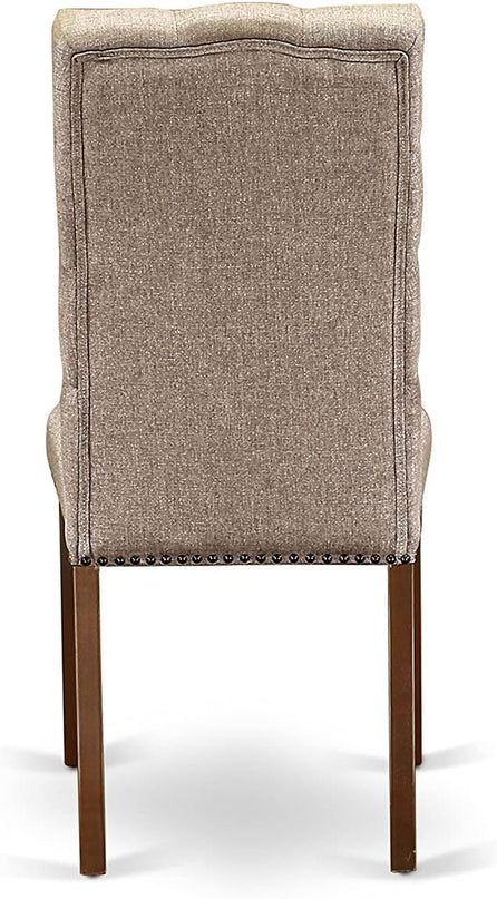 East West Furniture HBEL3-MAH-16 Hartland 3 Piece Room Furniture Set Contains a Round Dining Table with Pedestal and 2 Dark Khaki Linen Fabric Upholstered Chairs, 42x42 Inch - LeafyLoom