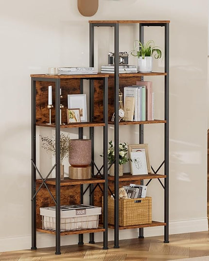 Furologee 5 Tier Bookshelf with Back, Tall Narrow Bookcase, Rustic Standing Shelf Units, Metal and Wood Display Storage Rack Organizer for Bedroom, Living Room, Home Office, Entryway - LeafyLoom